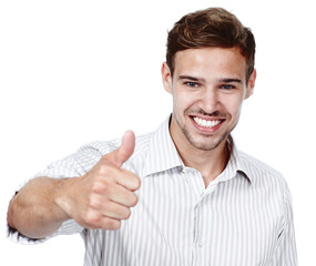 Happy man, thumbs up and studio portrait for vote, agreement and yes emoji on white background. Male person, promotion and thank you symbol for motivation, success and like icon or approval feedback