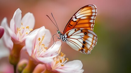 photography of a butterfly with beautiful wing patterns perched on the top of a flower's stamen, revealing its majestic beauty, enticing the butterfly