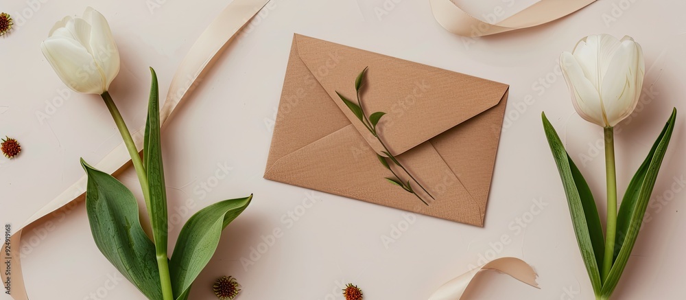 Aufkleber Sleek mockup featuring a white tulip and a craft envelope on a plain background with a flat lay perspective and top view ideal for design with copy space image