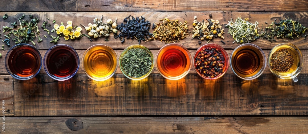 Poster Various flavors of tea create a diverse and appealing selection ideal for enjoying with a serene moment as depicted in the copy space image