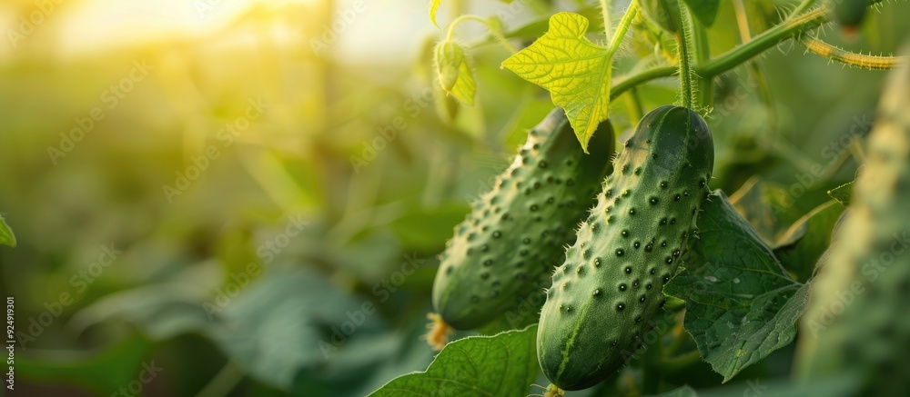 Aufkleber A young cucumber thrives in the greenhouse with a background perfect for adding text or graphics copy space image