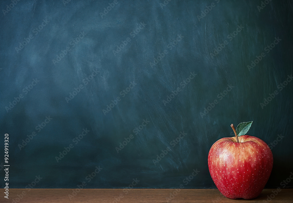 Aufkleber Red apple on a desk in front of a blank chalkboard, providing copy space for back to school concepts
