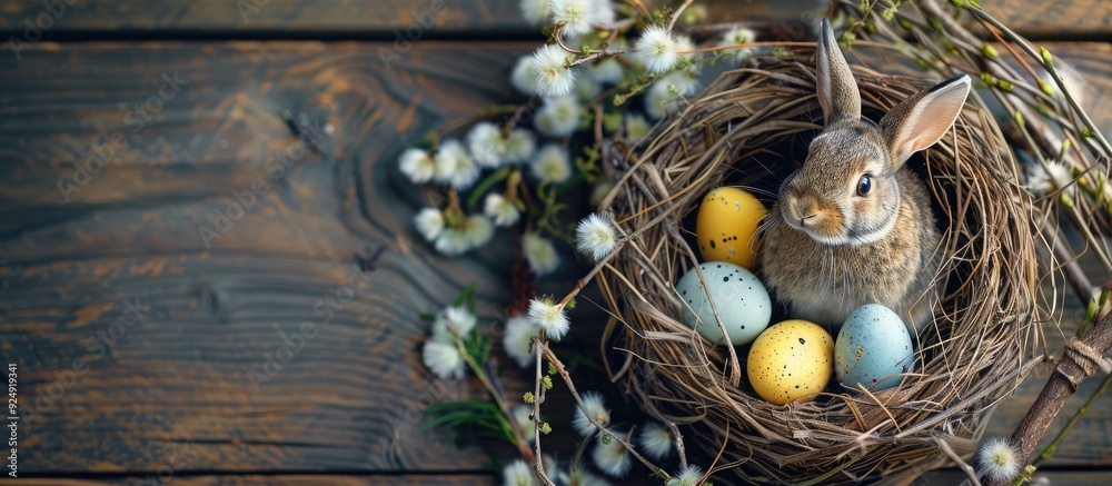 Aufkleber Easter themed basket with painted eggs bunny and willow branches on wooden backdrop with a copy space image