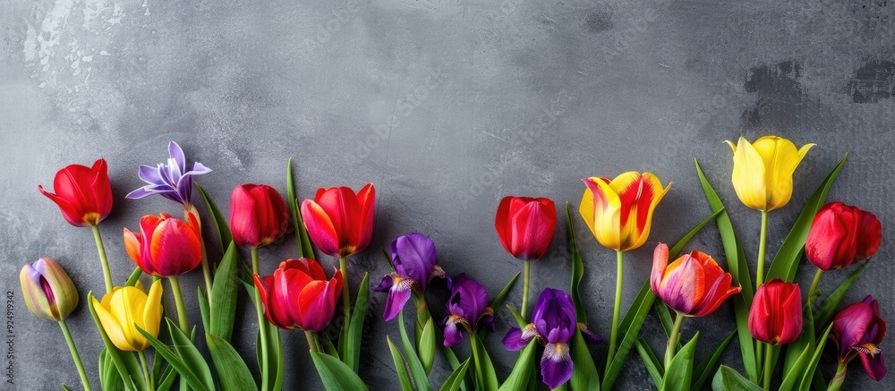 Poster A gray backdrop with vivid tulips and irises creates a charming copy space image for spring