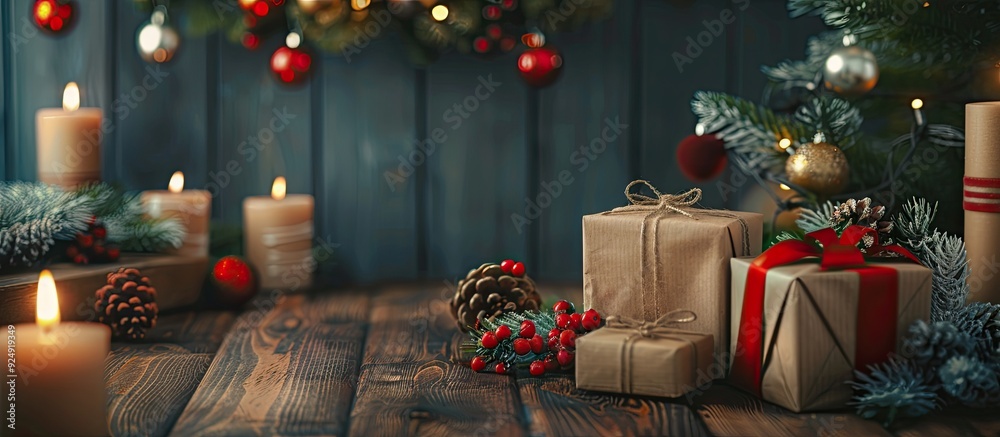 Poster table decorated for christmas with gifts candles toys creating the perfect festive scene with copy s