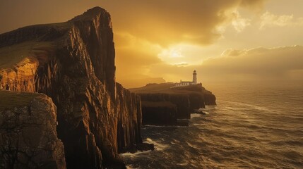 Lighthouse on a Rugged Coastline at Sunset