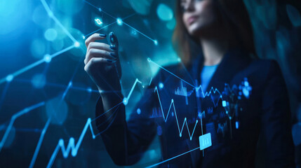 Fototapeta premium Woman interacting with abstract financial data graph