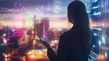 Woman using tablet with city background and data overlay
