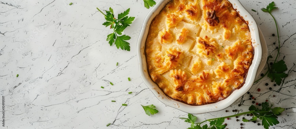 Aufkleber English fish pie displayed on a light background with available copy space image