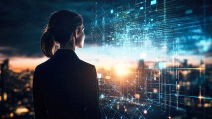 Woman standing before digital cityscape at twilight.