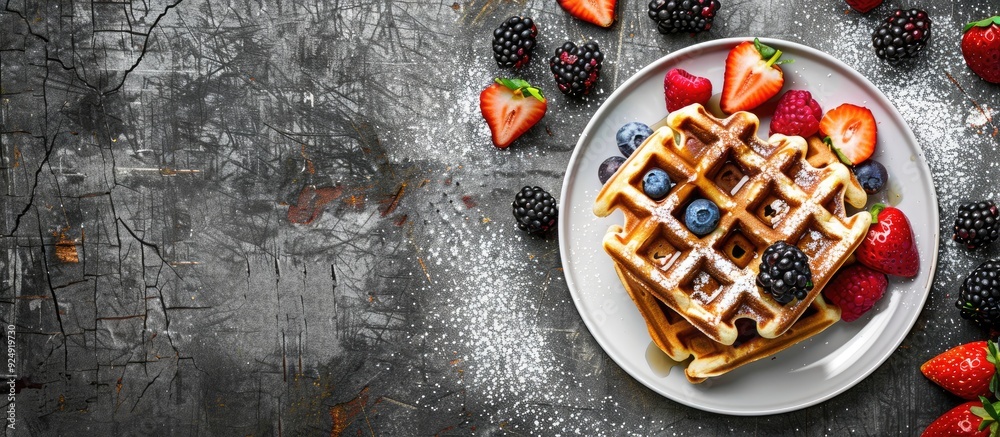 Leinwandbilder A plate of Belgian waffles with fresh fruit displayed on a rustic background featuring gray waffles with copy space in the image captured from above