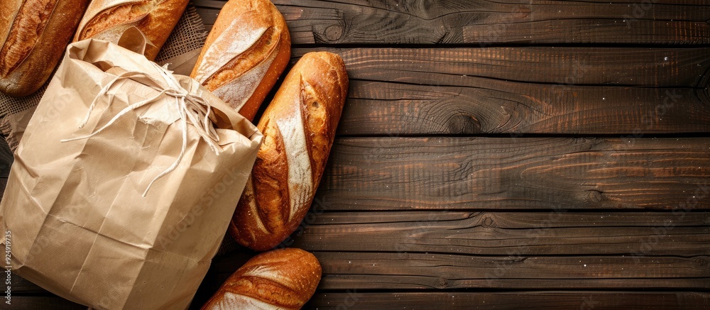 Poster Fresh bread loaves displayed on a wooden background with a paper bag in a top view copy space image