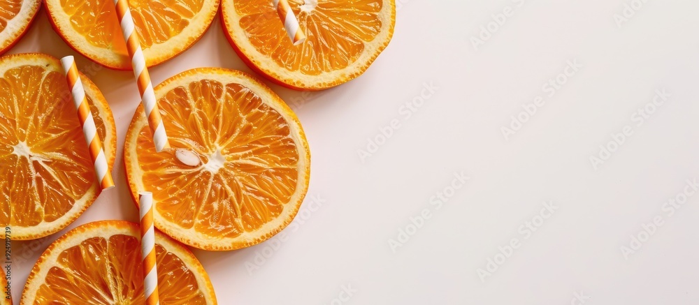 Poster Copy space image of straw inserted in sliced orange fruit on a white backdrop