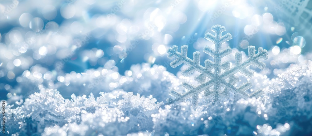 Leinwandbilder A white snowflake displayed against a soft focus gleaming white and blue backdrop offering copy space for design templates