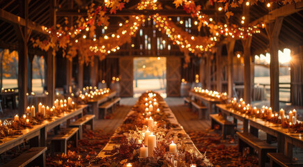 Obraz premium A wedding in a rustic barn, decorated with autumn leaves, candles, and warm lights. Generative AI.