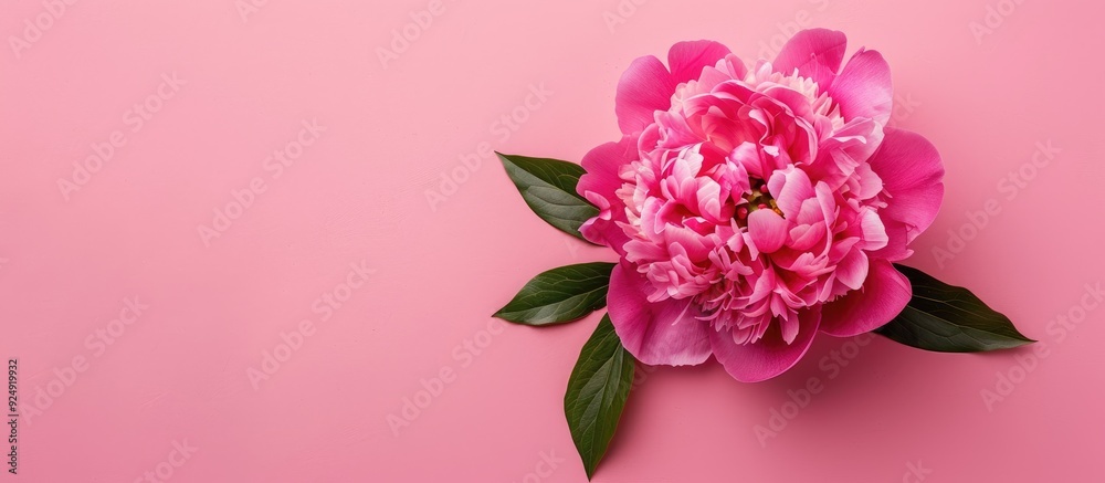 Aufkleber pink peony flower on a pink background providing a holiday theme with a top down perspective ideal f