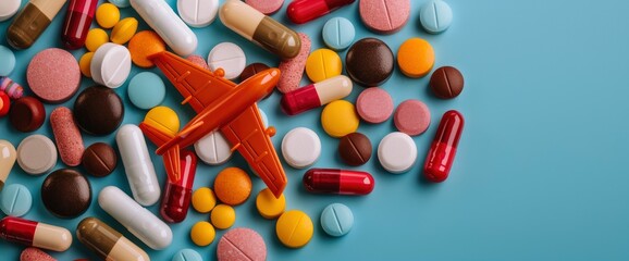 A Model Airplane With Multicolored Pills For Motion Sickness Close-Up