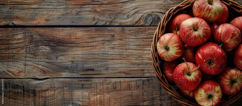 Poster wooden background with a basket of apples illustrating a healthy eating idea with seasonal winter fr