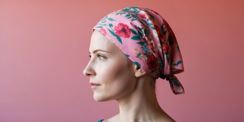 Naklejka premium Bald woman head in profile wearing a flower patterned scarf, Breast Cancer Awareness Month concept.