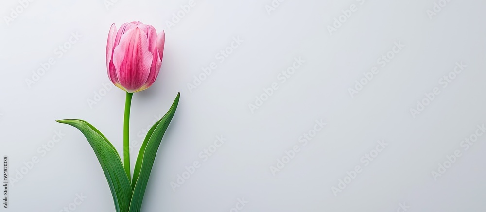 Aufkleber Pink tulip on white backdrop in flat lay top view with selective focus and shallow depth of field leaving room for text in the copy space image