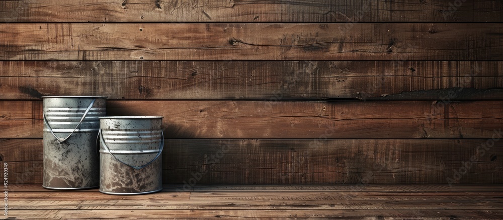 Poster wooden background with two metal containers in a mockup with copy space image