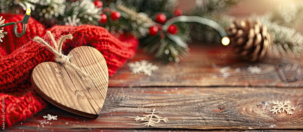Poster festive wooden heart decor on red wool with a rustic christmas backdrop and copy space image