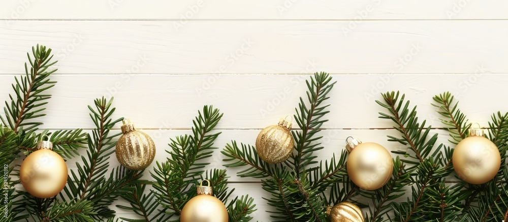 Poster gold christmas ornaments shining on lush green fir branches against a white wooden backdrop in a fla