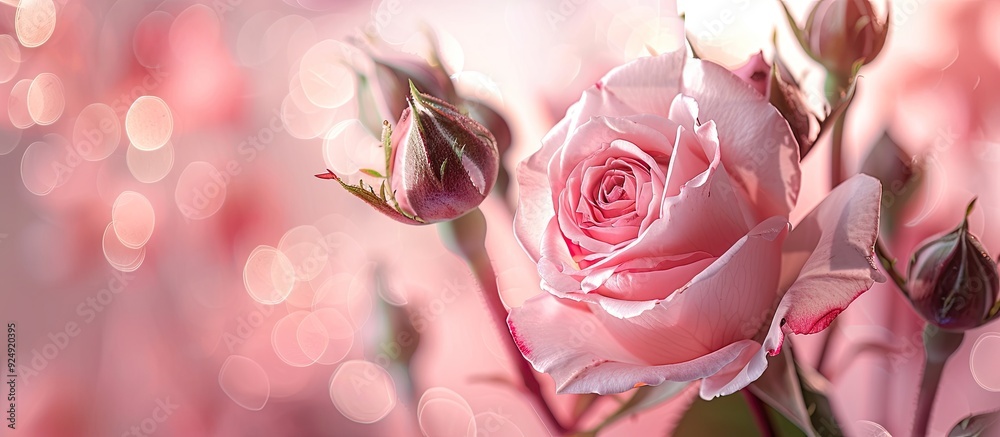 Aufkleber valentine s day setting features a lovely pink rose buds and a pink backdrop with room for additiona