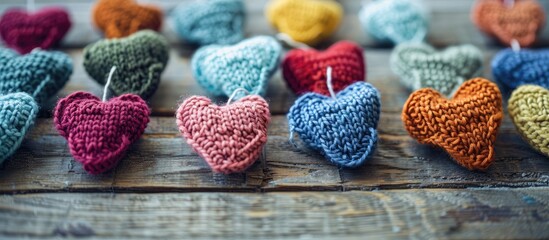Selective focus on a wooden background with knitted hearts of various colors creating a delightful copy space image