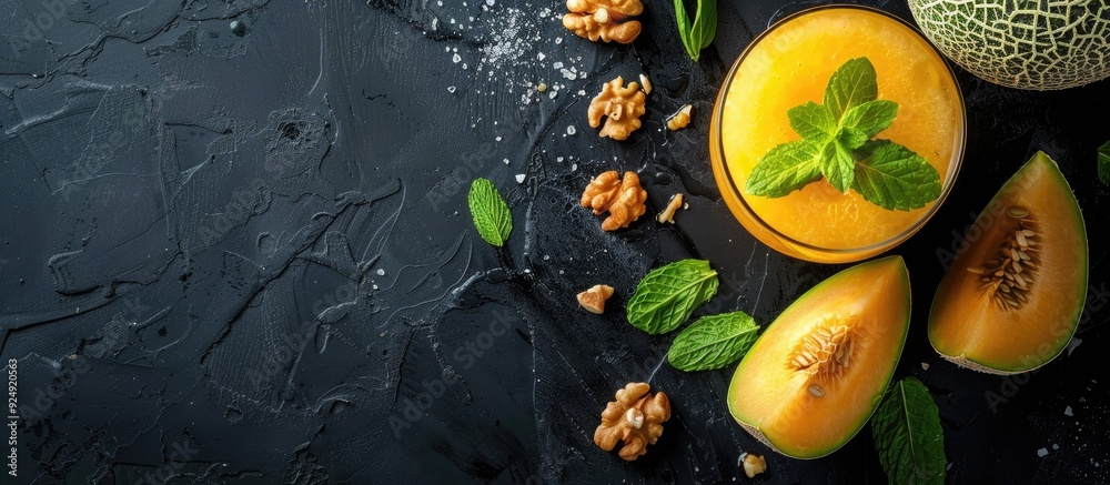 Poster a yellow melon and a fruity drink garnished with mint and nuts on a black backdrop perfect for summe