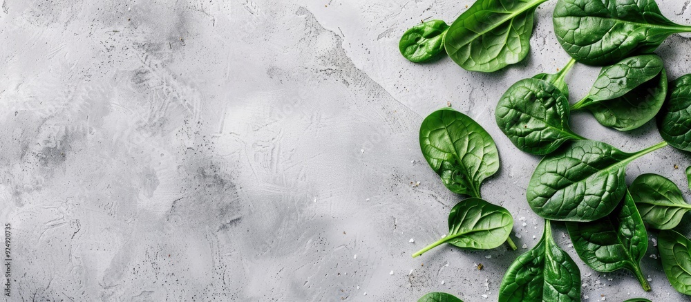 Poster fresh spinach leaves on light gray backdrop perfect for healthy organic meal enthusiasts top down vi