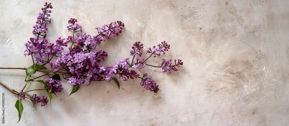 Poster Floral lilac branch displayed as a flat lay with a close up view on a soft beige background offering copy space in a top view composition square