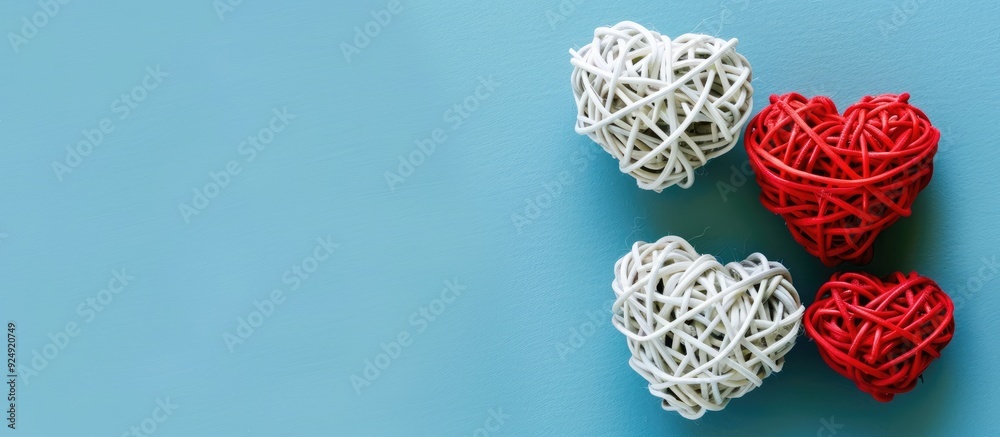 Aufkleber valentine s day themed flat lay featuring white rattan hearts with a red heart on a blue background 