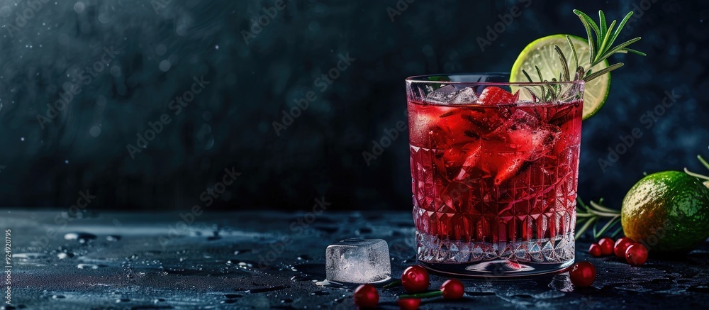 Poster a red cocktail drink with lime ice cubes and rosemary in a glass set against a dark background with 