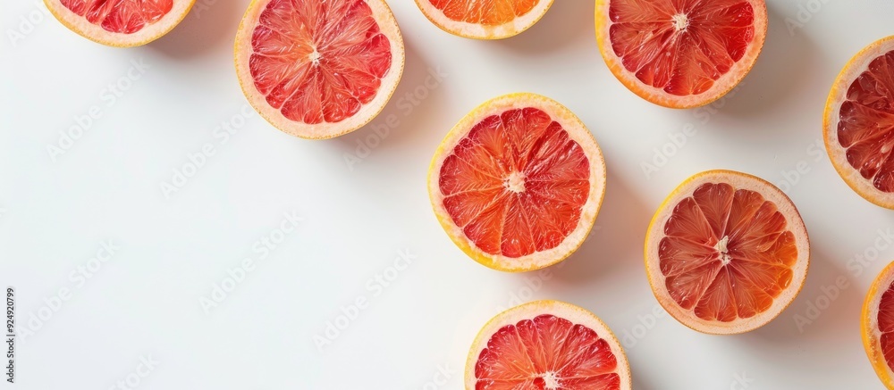 Poster Top view of grapefruit halves arranged on a clean white surface with ample space for text or graphics