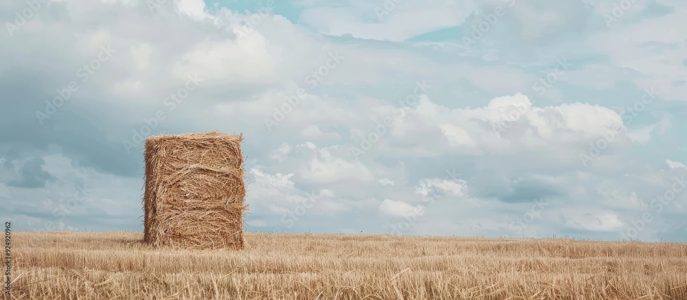 Poster Hay stack in a field against a scenic sky providing ample copy space image