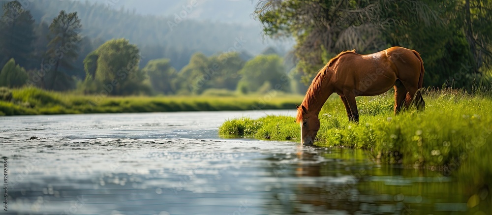 Aufkleber Selective focus enhances a serene setting as a horse grazes by the river creating a tranquil scene with available copy space for image content