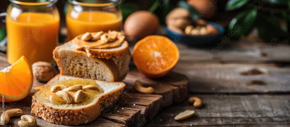 Poster Homemade peanut butter on toast fresh orange juice on a wooden table in side view with copy space image for breakfast or brunch