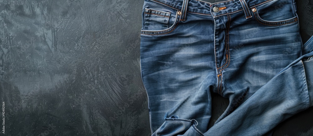 Poster top view of a grey background with a cotton t shirt and jeans showcasing a copy space image
