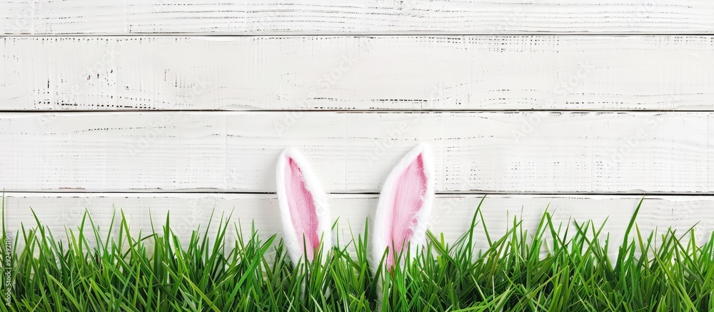Poster easter bunny s ears peeking from grass on a white wooden background with space for text or images. c