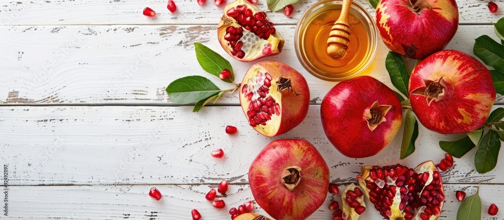 Aufkleber traditional rosh hashanah items like apples pomegranates and honey are displayed on a white wooden s