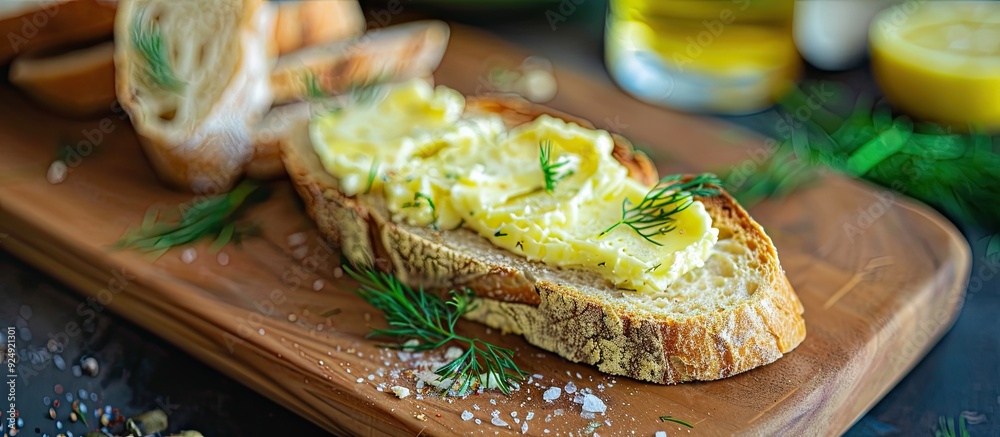 Poster Sliced baguette topped with a spread of butter and dill with a blank space for adding an image. Creative banner. Copyspace image