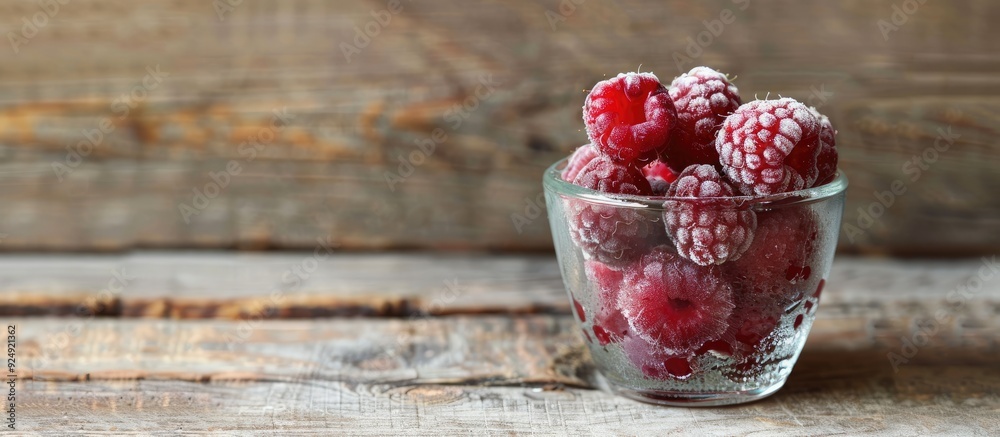 Poster Red raspberries frozen in a glass cup on a wooden backdrop with copy space image
