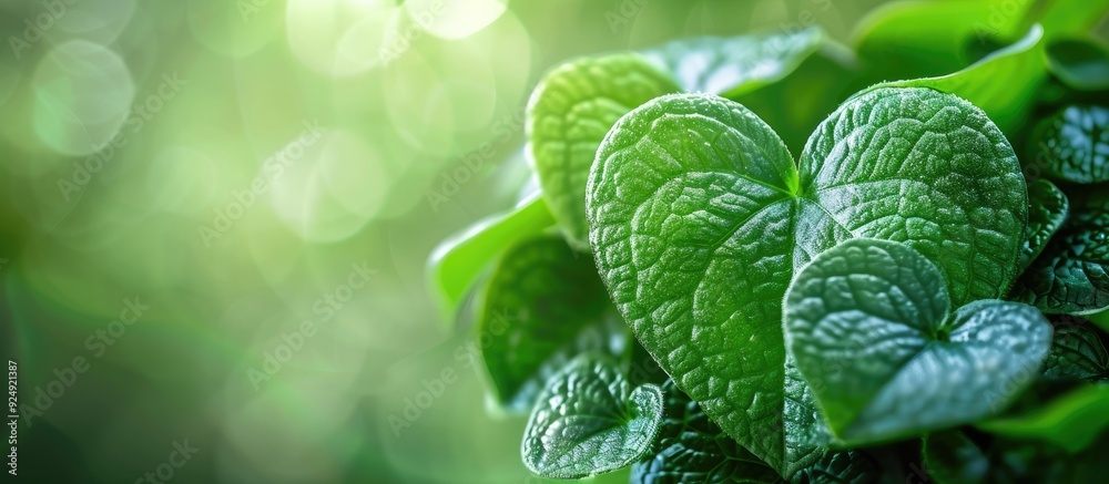 Poster heart shaped green leaves against a serene backdrop with copy space image