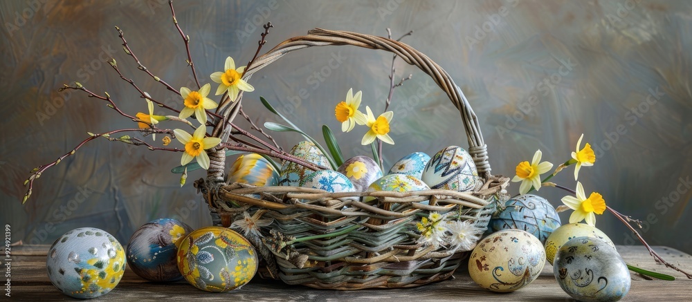 Poster An Easter basket filled with various painted Easter eggs narcissus flowers and catkin branches creating a festive display with copy space image