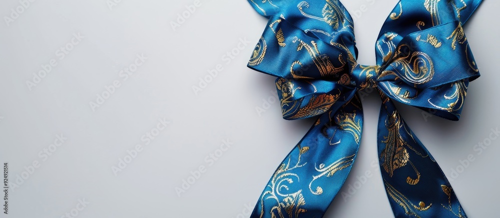 Poster a stunning blue and gold bow displayed on a white backdrop creates an elegant composition with copy 