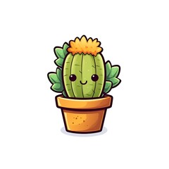 Cute cartoon cactus in a terracotta pot surrounded by green leaves