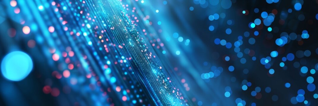 A vibrant display of sparkling digital lines flowing through a blue field, creating a dynamic visualization of data and energy movement.