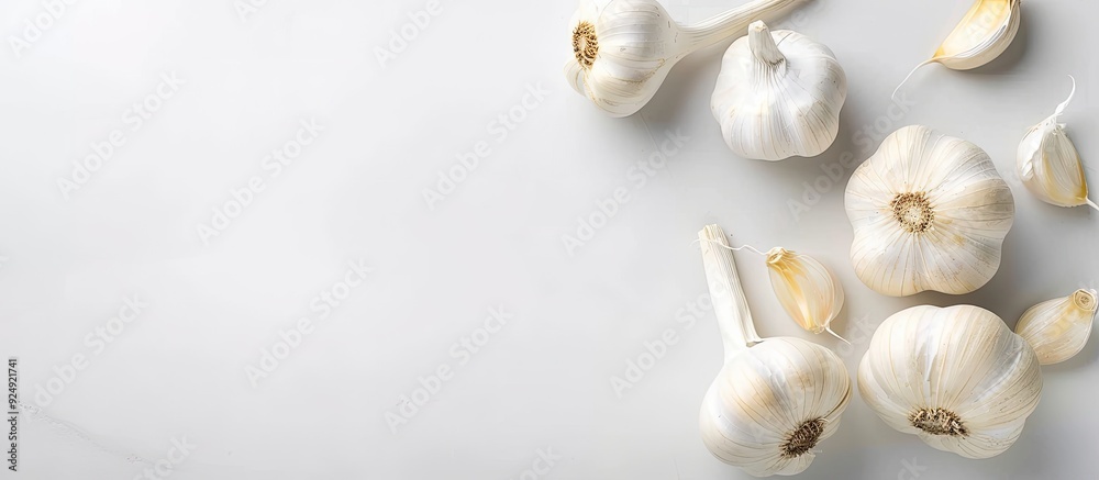 Poster A garlic placed on a plain white backdrop with empty space surrounding it for text or other elements in the image. Creative banner. Copyspace image