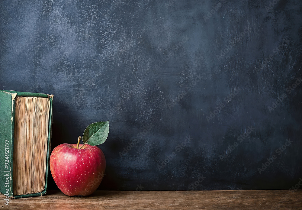 Aufkleber apple and a textbook are sitting on a desk in front of a blank chalkboard, providing copy space for 